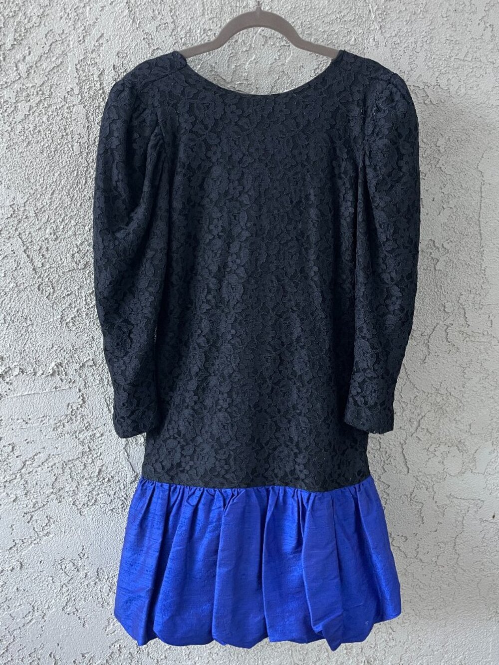 Vintage 80s Black Lace Blue Taffeta Drop Waist Mini Dress Homecoming Hoco Prom
